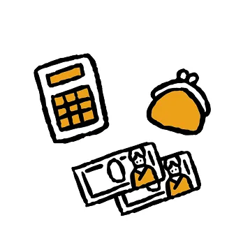 お札と財布と電卓のイラスト